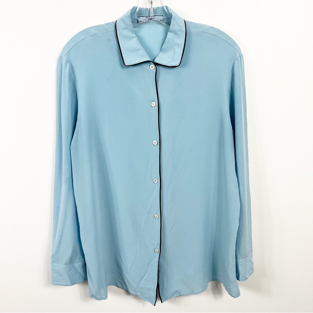 Prada Contrast Trim Button Down Silk Blouse Sky Blue